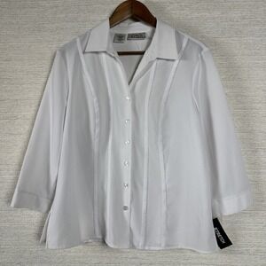 Kathy Che NY Womans 14 White Button Down Blouse Stretch 3/4 Sleeve Office NWT